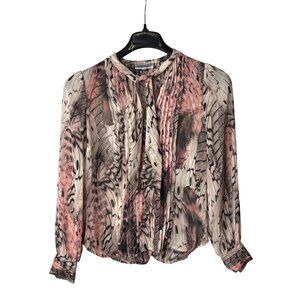 JLO Jennifer Lopez Sheer Blouse Top Size S Pleated V Neck Tie Front Abstract Y2K